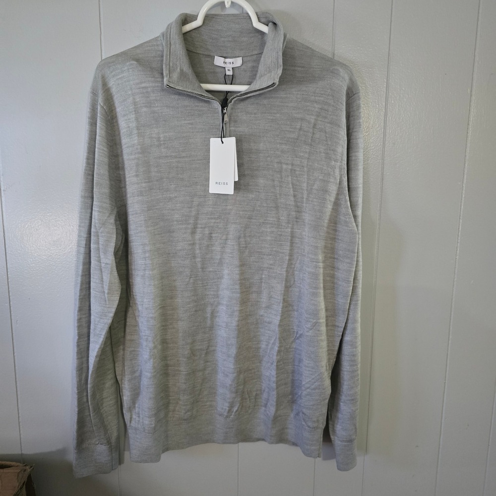 Reiss Blackhaller Quarter Zip Sweater Mens XL Pale‎ Grey Wool Blend Funnel Neck